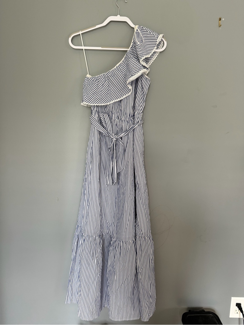 Skies Are Blue Navy and White One-Shoulder Striped Maxi Dress